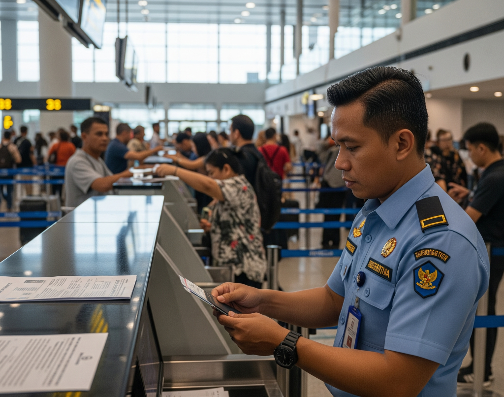 Gambar kedua menunjukkan seorang petugas imigrasi Indonesia yang sedang meninjau dokumen seorang penumpang di tengah hiruk pikuk terminal bandara. Meskipun adegan ini tidak secara langsung menampilkan ekspresi kekhawatiran WNA seperti gambar pertama, konteksnya tetap relevan dengan potensi penolakan masuk WNA. Petugas tampak profesional dan teliti, memeriksa paspor dan visa di antara keramaian pelancong dan arsitektur modern bandara. Cahaya terang di terminal menyoroti dedikasi petugas dalam memastikan keamanan perbatasan, di mana setiap peninjauan dokumen bisa berujung pada keputusan penting terkait izin masuk.