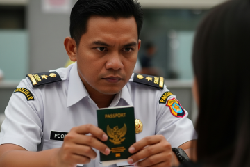 Dalam gambar ini, terlihat jelas penolakan masuk WNA yang sedang diproses oleh seorang petugas imigrasi Indonesia. Petugas yang mengenakan seragam tampak tegas dan serius, memegang paspor sambil menatap seorang Warga Negara Asing (WNA) yang terlihat khawatir di konter imigrasi bandara. Suasana tegang mengindikasikan sebuah keputusan penting dan resmi sedang diambil, dengan fokus utama pada interaksi antara petugas dan WNA tersebut. Latar belakang bandara yang sedikit buram menambah kesan profesional dan memusatkan perhatian pada momen krusial ini.