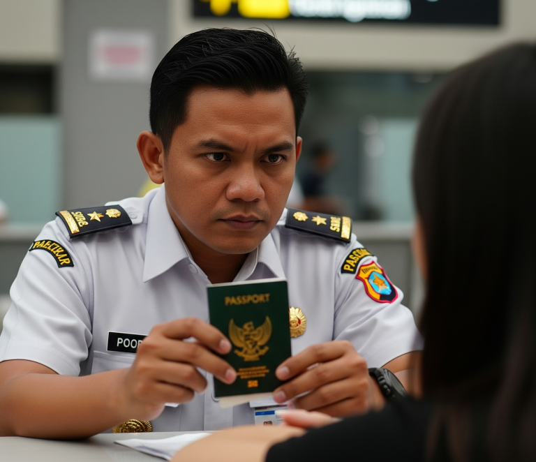 Dalam gambar ini, terlihat jelas penolakan masuk WNA yang sedang diproses oleh seorang petugas imigrasi Indonesia. Petugas yang mengenakan seragam tampak tegas dan serius, memegang paspor sambil menatap seorang Warga Negara Asing (WNA) yang terlihat khawatir di konter imigrasi bandara. Suasana tegang mengindikasikan sebuah keputusan penting dan resmi sedang diambil, dengan fokus utama pada interaksi antara petugas dan WNA tersebut. Latar belakang bandara yang sedikit buram menambah kesan profesional dan memusatkan perhatian pada momen krusial ini.