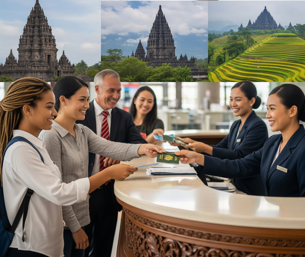 Sekelompok pelancong internasional yang beragam, memegang paspor dan dokumen perjalanan, tersenyum saat disambut oleh petugas imigrasi Indonesia yang ramah di konter bandara tradisional Indonesia dengan ukiran kayu. Latar belakang menunjukkan sekilas landmark ikonik Indonesia seperti Candi Prambanan atau terasering sawah. Suasana keseluruhan menunjukkan proses yang ramah, efisien, dan aman untuk izin tinggal kunjungan.