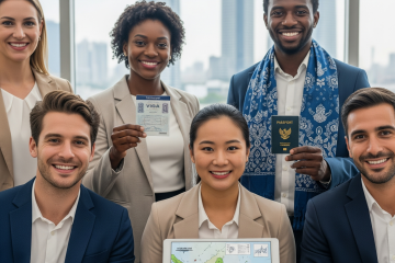 Sekelompok pebisnis multietnis profesional memegang paspor dan tablet dengan peta Indonesia, menunjukkan kesiapan untuk visa bisnis Indonesia.