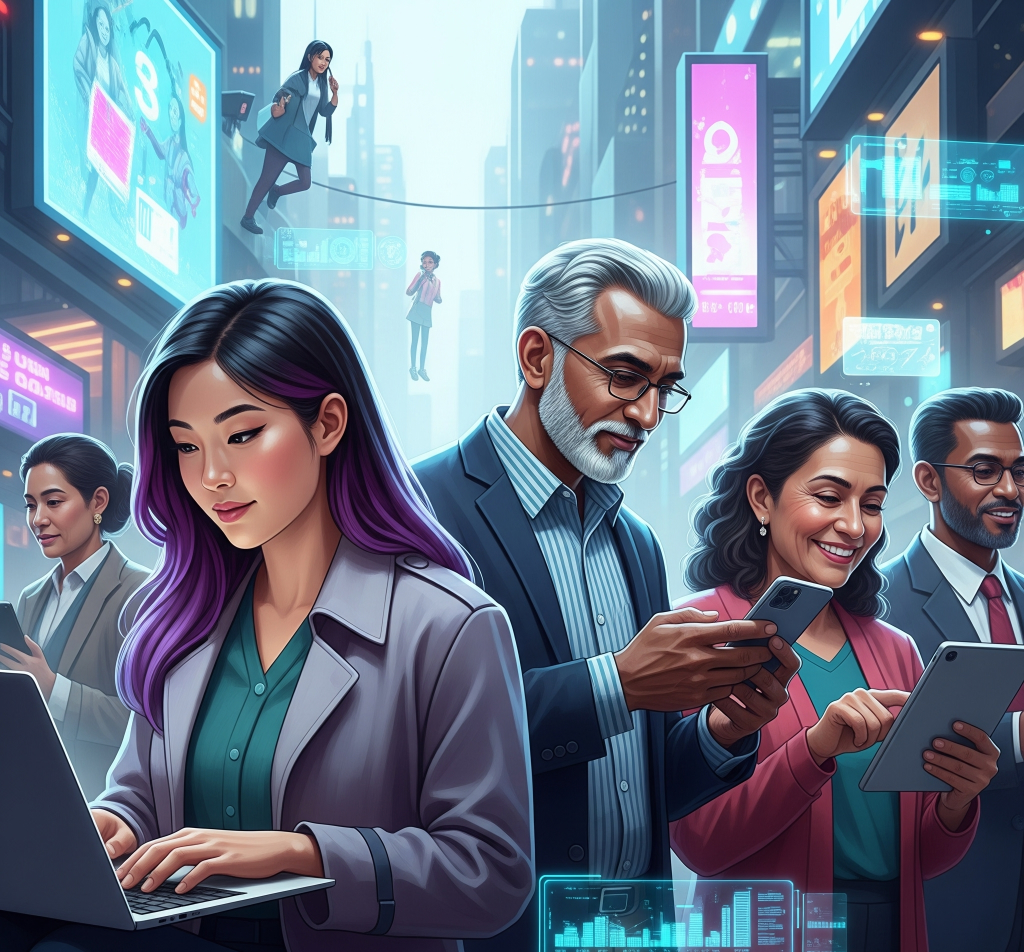 Sekelompok imigran yang beragam, termasuk seorang wanita muda Asia Timur dengan rambut ungu cerah menggunakan laptop, seorang pria tua Asia Selatan dengan janggut rapi melihat smartphone-nya, dan seorang wanita paruh baya Amerika Latin dengan senyum hangat menggunakan tablet, berinteraksi di lingkungan perkotaan modern yang sedikit futuristik, dengan elemen halus seperti iklan holografik yang bersinar dan arsitektur futuristik yang mengisyaratkan koneksi dan potensi isolasi