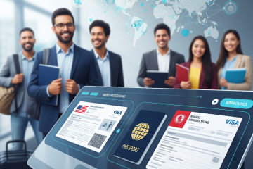 Antarmuka digital modern dan ramping yang menampilkan dokumen imigrasi yang diproses dengan cepat, dengan latar belakang samar koneksi global dan beragam kelompok orang (pelancong, profesional bisnis) yang tampak puas. Gambar ini merepresentasikan transformasi pelayanan publik keimigrasian yang efisien, aman, dan berorientasi masa depan.