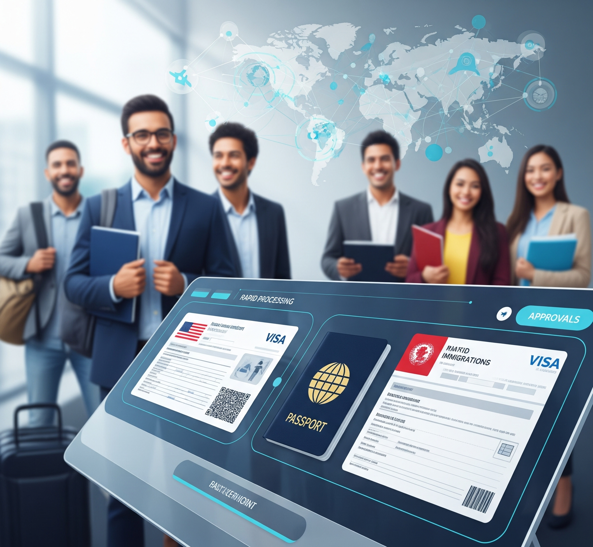 Antarmuka digital modern dan ramping yang menampilkan dokumen imigrasi yang diproses dengan cepat, dengan latar belakang samar koneksi global dan beragam kelompok orang (pelancong, profesional bisnis) yang tampak puas. Gambar ini merepresentasikan transformasi pelayanan publik keimigrasian yang efisien, aman, dan berorientasi masa depan.