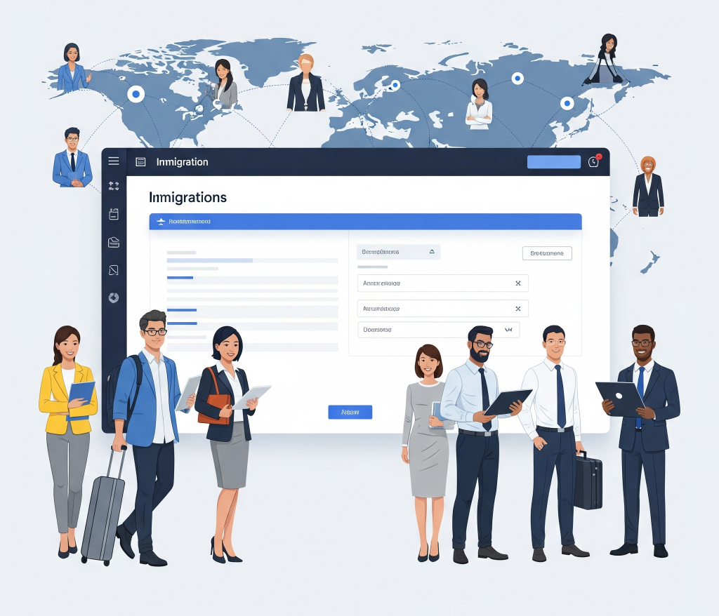 Antarmuka digital modern yang menampilkan pemrosesan dokumen imigrasi yang efisien, dengan peta dunia sebagai latar belakang yang menunjukkan koneksi global dan beragam individu yang tampak senang. Gambar ini mencerminkan transformasi pelayanan publik keimigrasian yang lancar, aman, dan progresif.