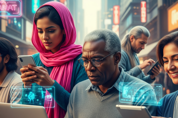 Sekelompok imigran dari berbagai latar belakang etnis dan usia berinteraksi dengan perangkat digital seperti laptop dan smartphone di lingkungan perkotaan modern yang sedikit futuristik, dengan elemen halus yang mengisyaratkan koneksi dan potensi isolasi, mencerminkan imigrasi di era digital. Suasana keseluruhan penuh harapan, menekankan adaptasi dan integrasi.