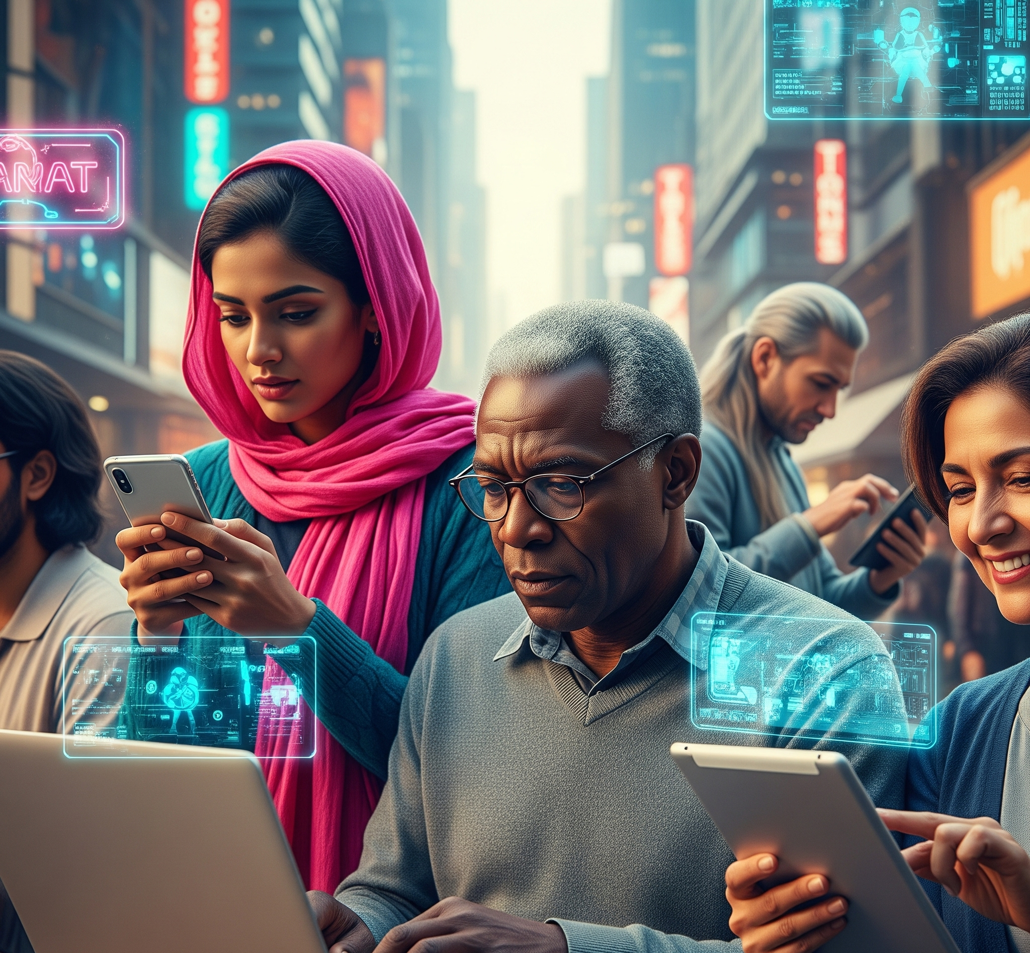 Sekelompok imigran dari berbagai latar belakang etnis dan usia berinteraksi dengan perangkat digital seperti laptop dan smartphone di lingkungan perkotaan modern yang sedikit futuristik, dengan elemen halus yang mengisyaratkan koneksi dan potensi isolasi, mencerminkan imigrasi di era digital. Suasana keseluruhan penuh harapan, menekankan adaptasi dan integrasi.