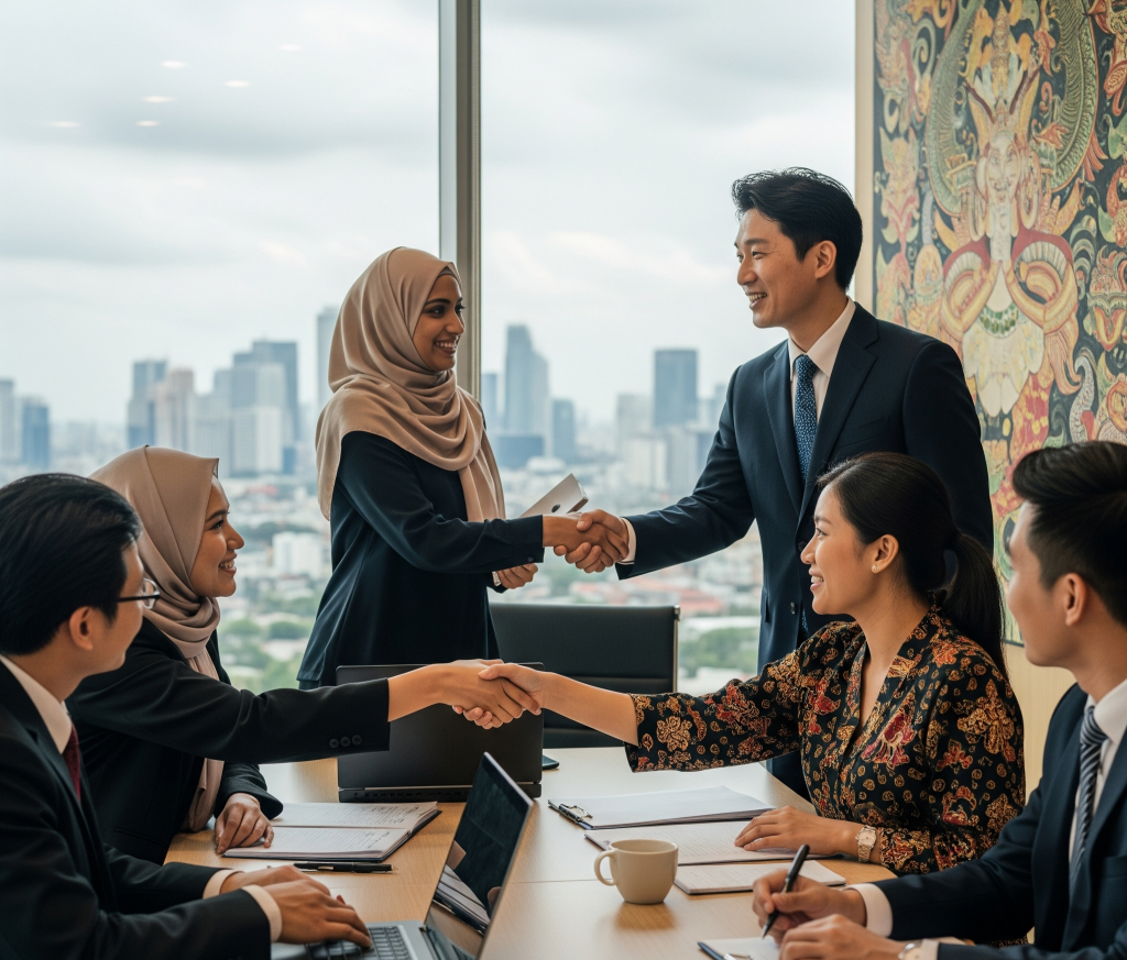 Sekelompok profesional bisnis internasional yang beragam, termasuk seorang wanita Timur Tengah berhijab dan seorang pria Jepang, berjabat tangan dan berkolaborasi di meja di kantor modern yang ramai di Jakarta, dengan latar belakang pemandangan kota Jakarta dan seni tradisional Indonesia, mencerminkan profesionalisme, pertumbuhan, dan keberhasilan berbisnis di Indonesia.