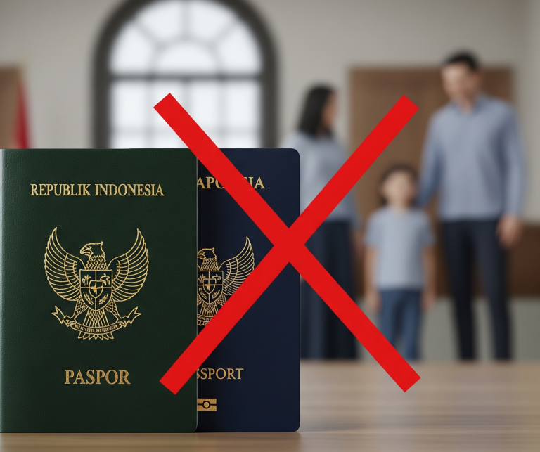 Dua paspor (Indonesia dan asing) disilang merah, melambangkan aturan paspor ganda di Indonesia.