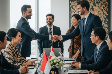 Sekelompok profesional bisnis internasional yang beragam berjabat tangan dan berkolaborasi di ruang kantor modern yang ramai di Jakarta, dengan elemen budaya Indonesia yang halus seperti pola batik pada pakaian dan seni tradisional di latar belakang, menunjukkan profesionalisme, pertumbuhan, dan keberhasilan berbisnis di Indonesia.