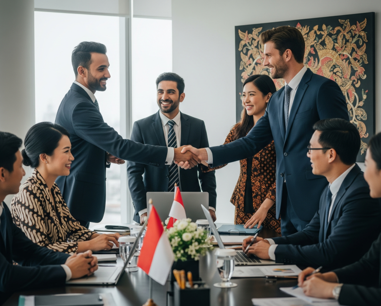 Sekelompok profesional bisnis internasional yang beragam berjabat tangan dan berkolaborasi di ruang kantor modern yang ramai di Jakarta, dengan elemen budaya Indonesia yang halus seperti pola batik pada pakaian dan seni tradisional di latar belakang, menunjukkan profesionalisme, pertumbuhan, dan keberhasilan berbisnis di Indonesia.