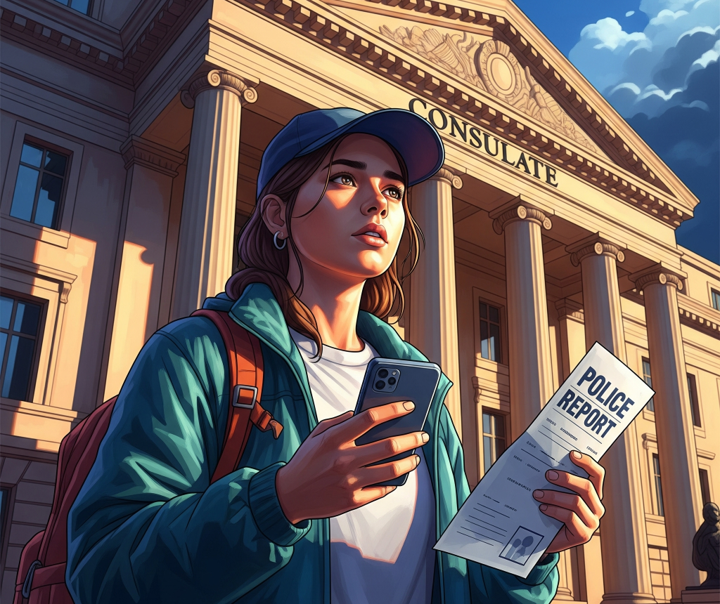 Gambar digital seorang wanita di depan konsulat, memegang laporan polisi dan ponsel, menggambarkan ketenangan dan tekad setelah kehilangan paspor di luar negeri.